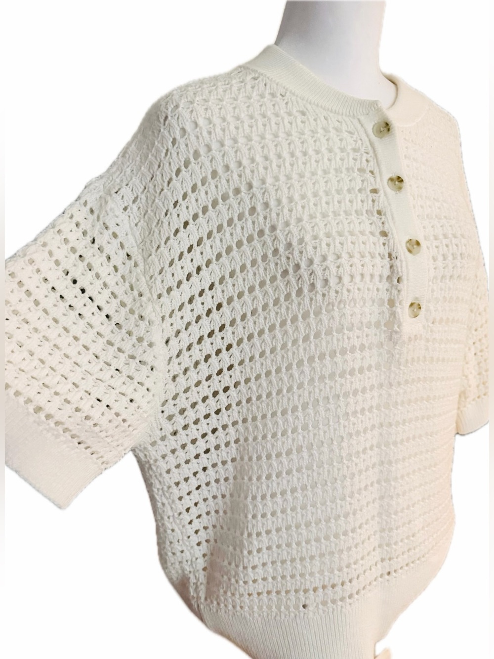 Sonoma Cream Open-Weave Short Sleeve Henley Sweater Size Large